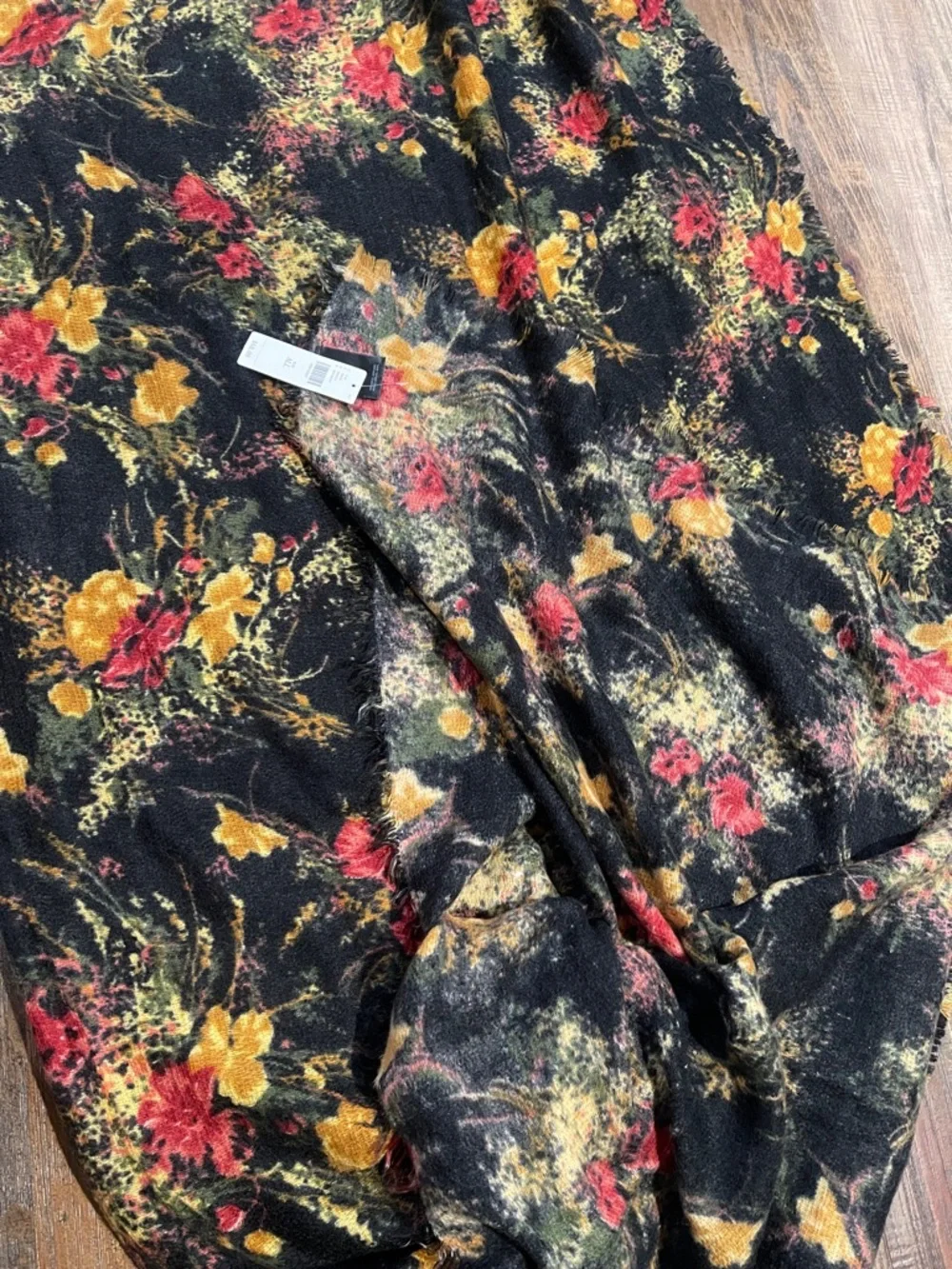 Anthropologie Black Scarf/Wrap with Red & Mustard Floral Print 58” x 100”